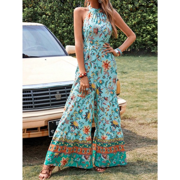 boho Floral Print Halter Neck Wide Leg Jumpsuit blue (Without Belt) - Picture 3 of 5